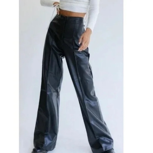 Lioness Sleek Black Pu Leather Wide-Leg Pants size S - Picture 1 of 6